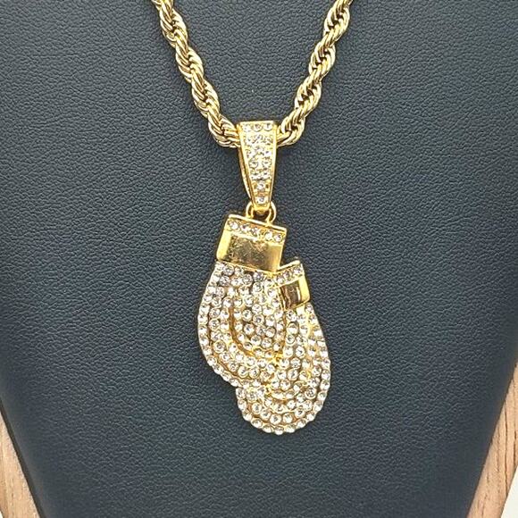 18k Plated Golden Gloves Necklace Diamond Cut Twist Chain Iced Out Birthday NEW!